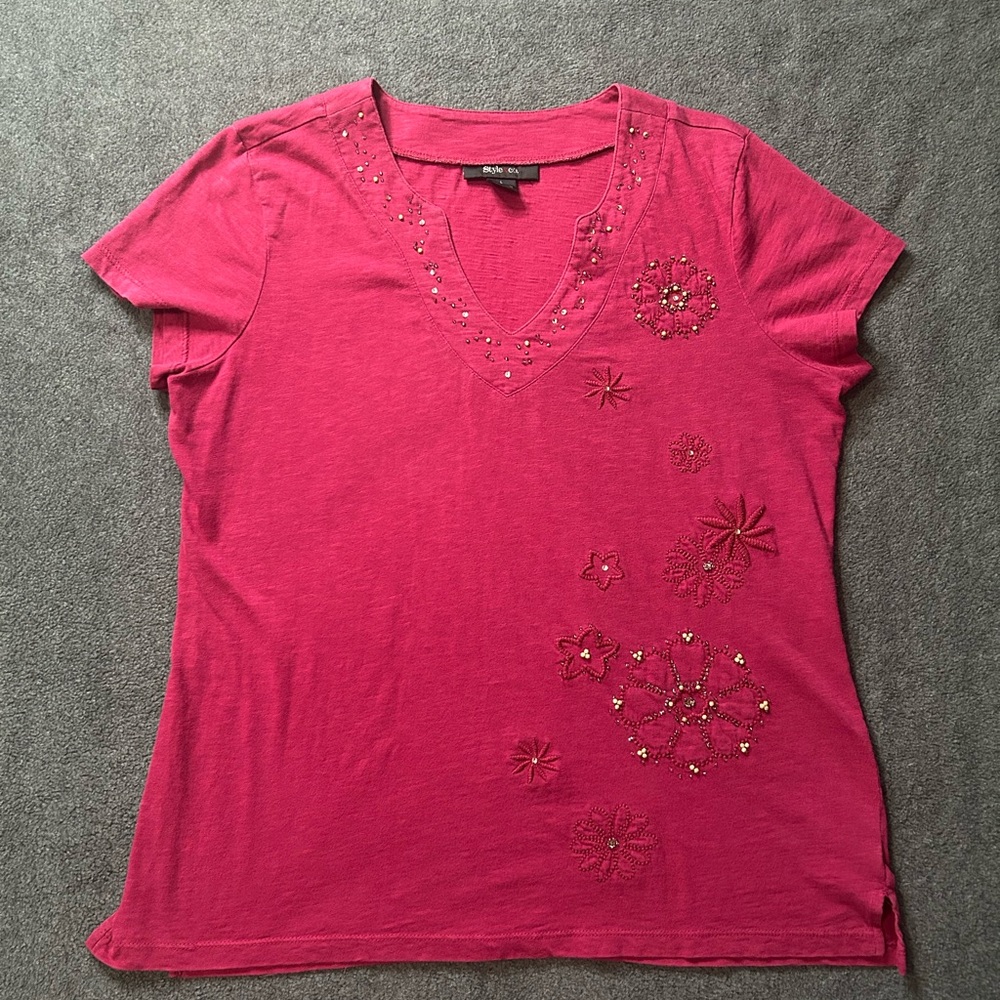 Pink Embellished Beaded Y2K V-Neck Women's Top